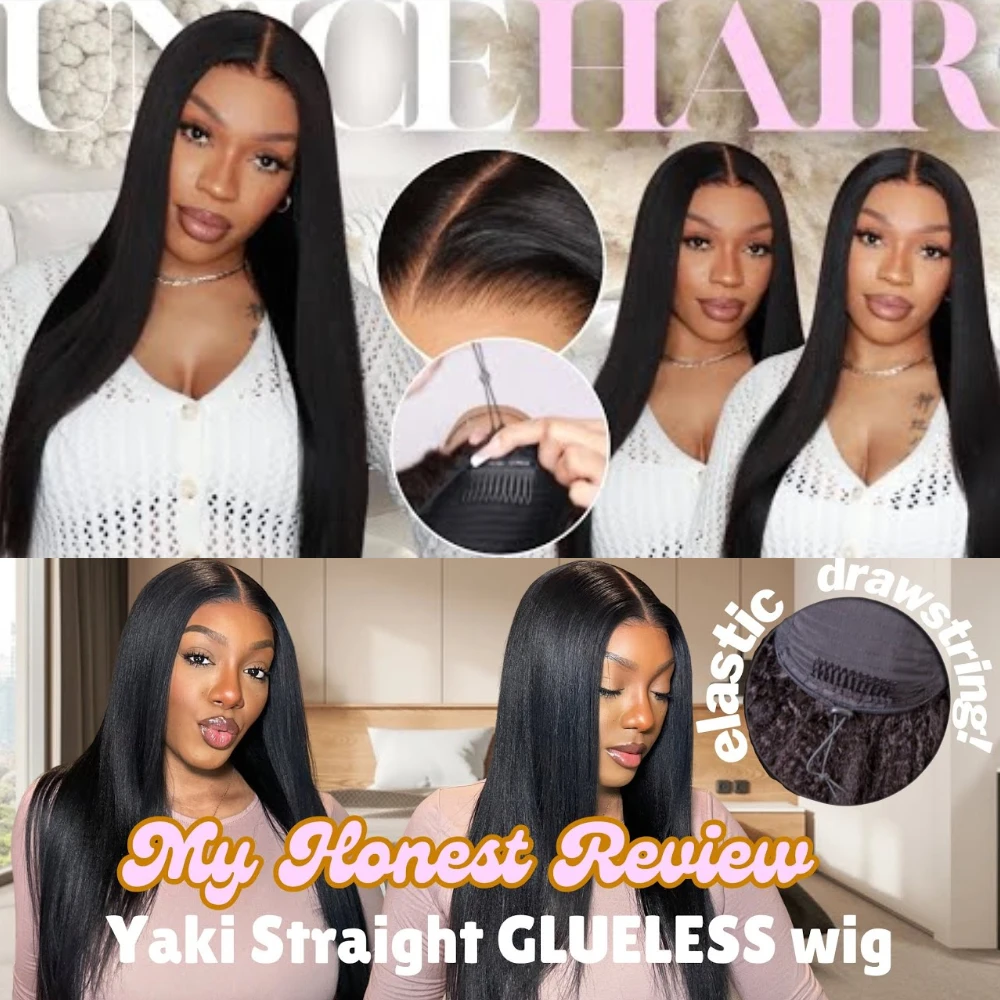 Wig Rambut Asli UNice Hair Natural Color Yaki Straight Pre Cut Pre Bleached 7x5 Lace Glueless Wig & V Part Wig 150% Density