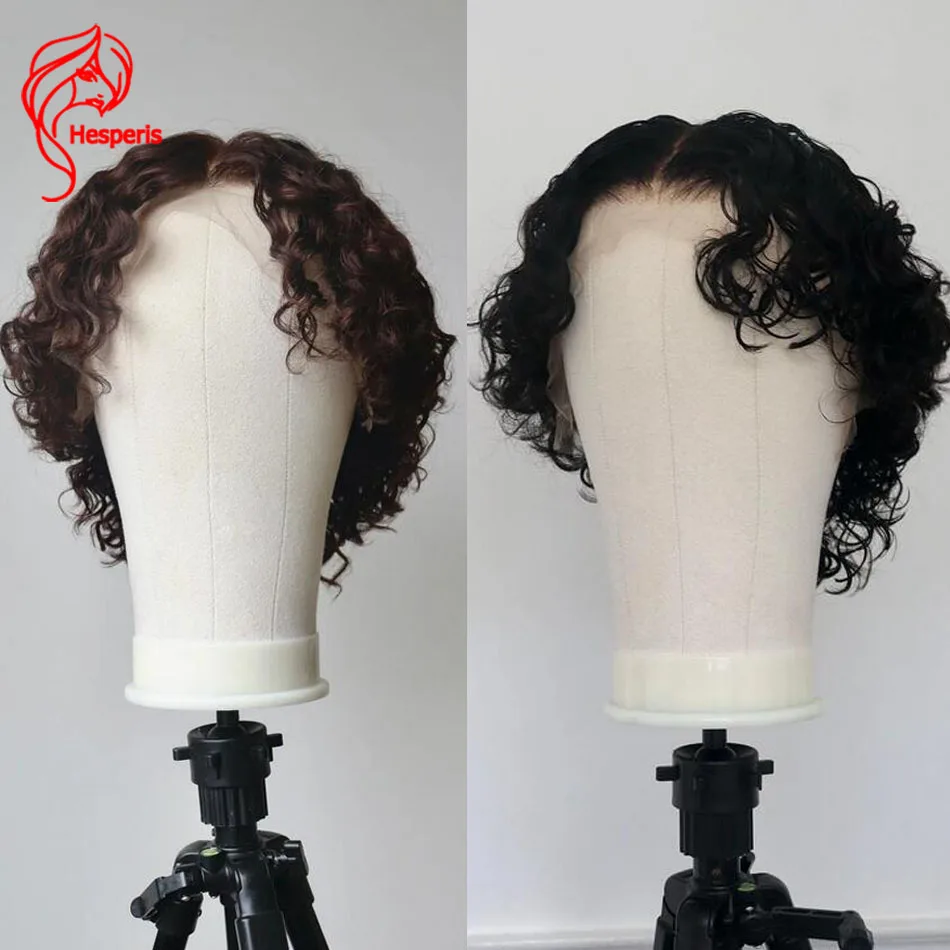 Hesperis Brazilian Remy Human Hair Wig for Men 13x6 Lace Frontal Short Pixie Cut Curly Brown Color Lace Front Wig Male Hairpiece