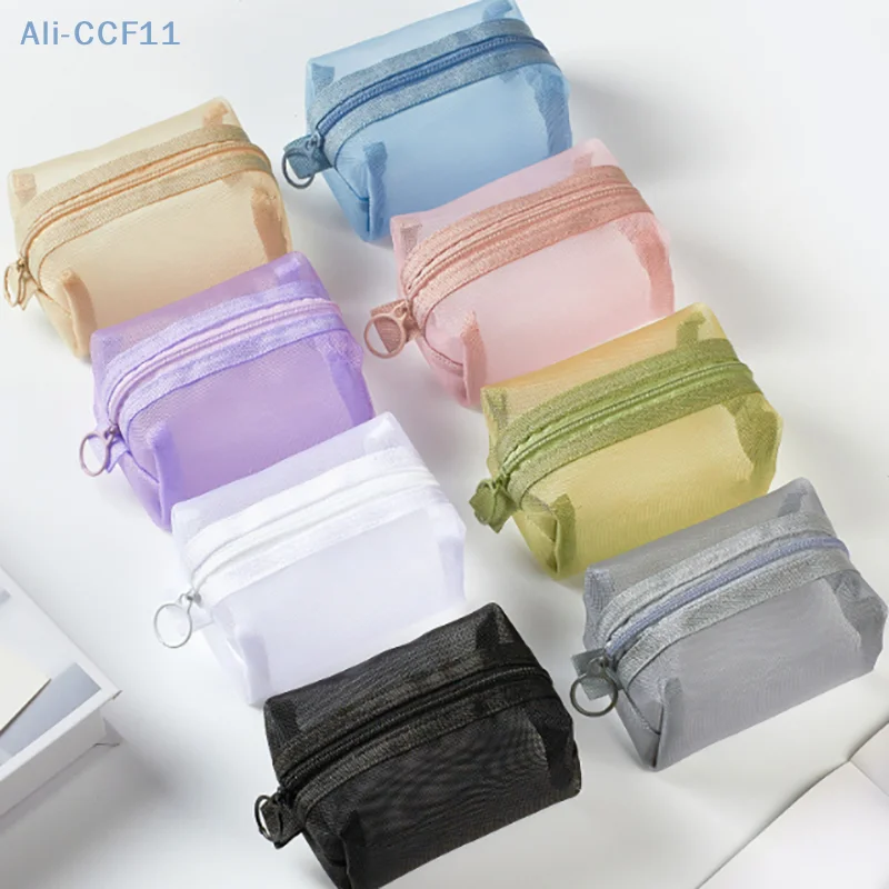 Multipurpose Breathable Square Mesh Storage Pouch Lightweight Mini Wash Bag Mini Zipper Coin Purse Large Capacity Coin Purse