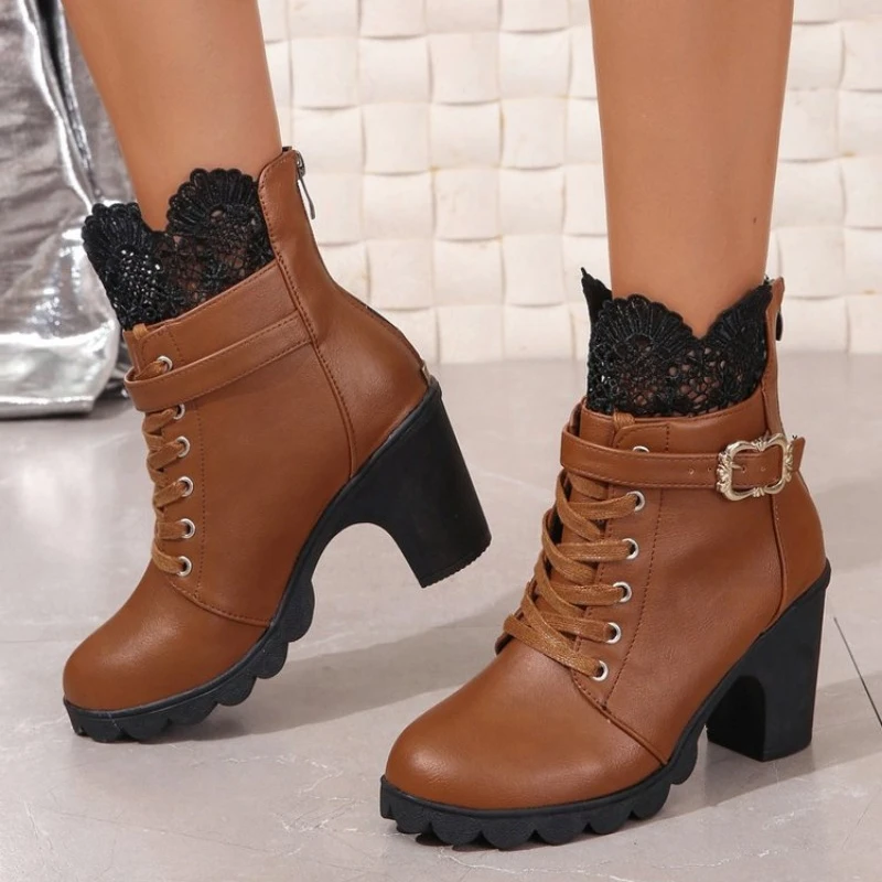 

2023 Chelsea Boots Patchwork Hollow Lace Women Lolita Shoes Platform Chunky High Heel Lace Up Bow Ankle Boots Sweet Party