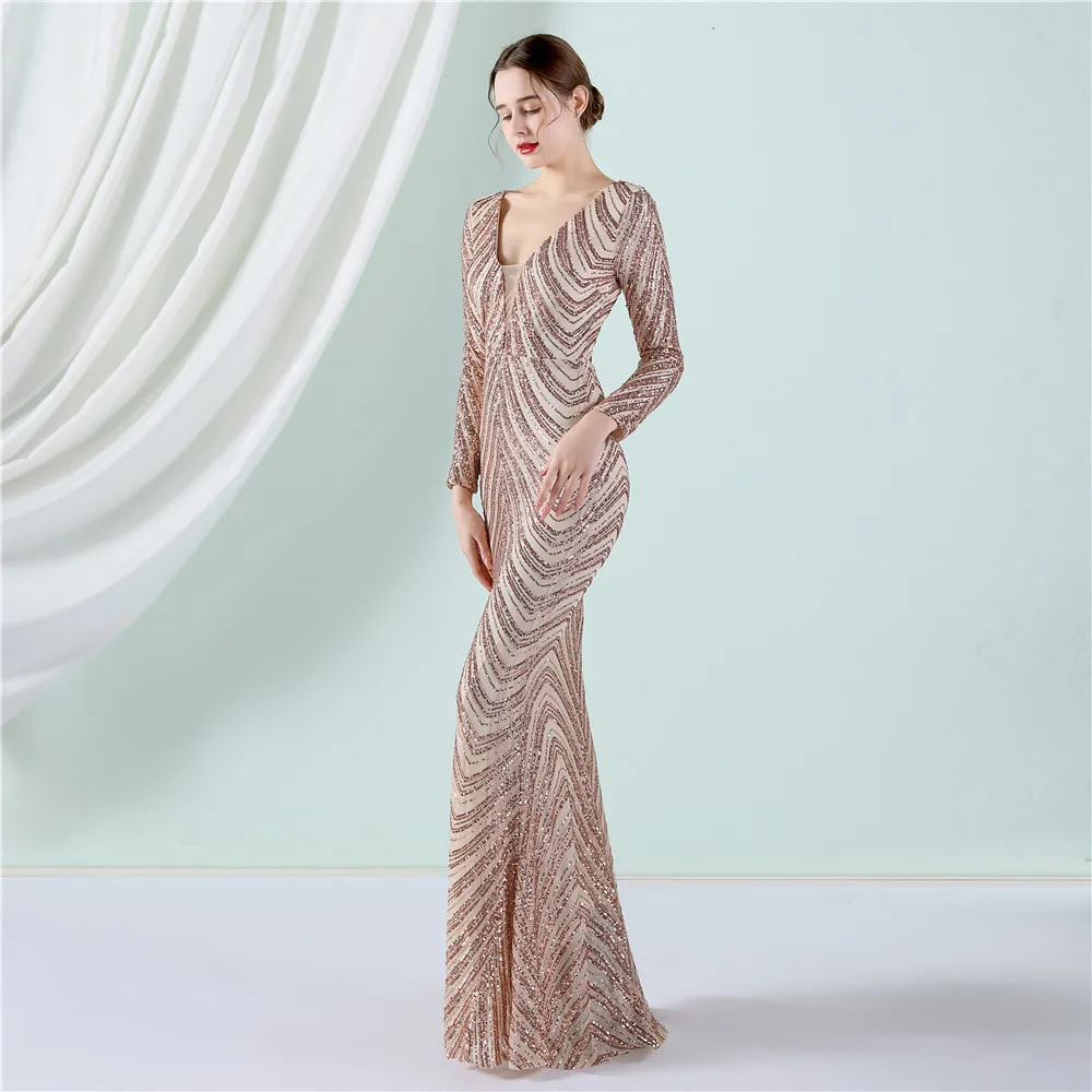 DEERVEADO Mermaid V Neck Sequins Evening Party Maxi Dress for Woman Elegant Long Special Occasion Dress Formal Gown