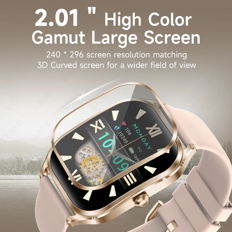 LIGE Smartwatch Women BT Call Health Monitoring 3D Curved Screen 2.01‘’ Luxury Bracelet Custom Dial Music Clock Smart Watch Men