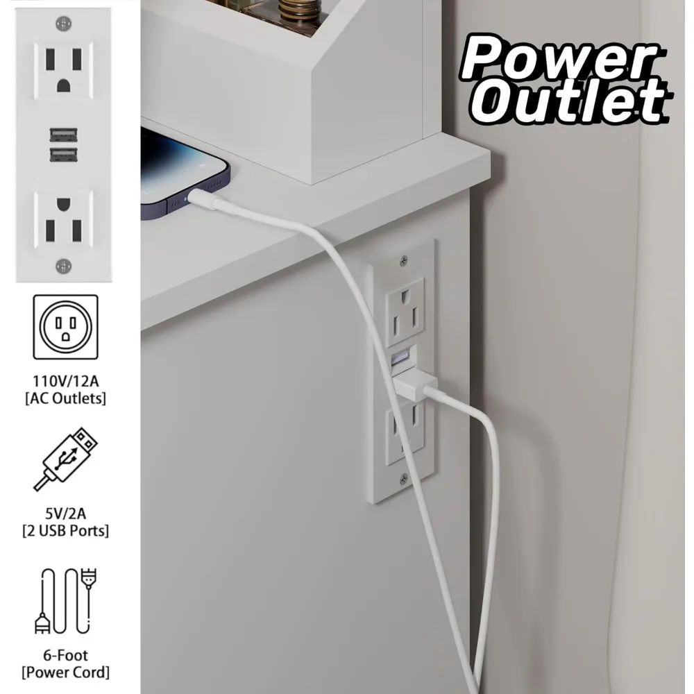 illuminated white vanity desk with drawers and charging port