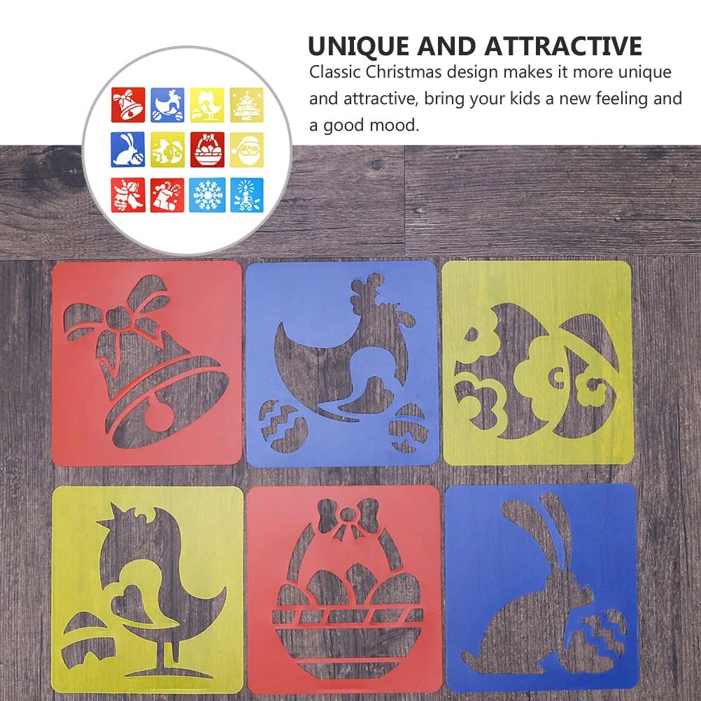 12 قطعة من قوالب رسم عيد الميلاد استنسل رسم مجوف DIY مشاريع فنية لديكور عيد الميلاد للأطفال قالب رسم إبداعي لعيد الميلاد