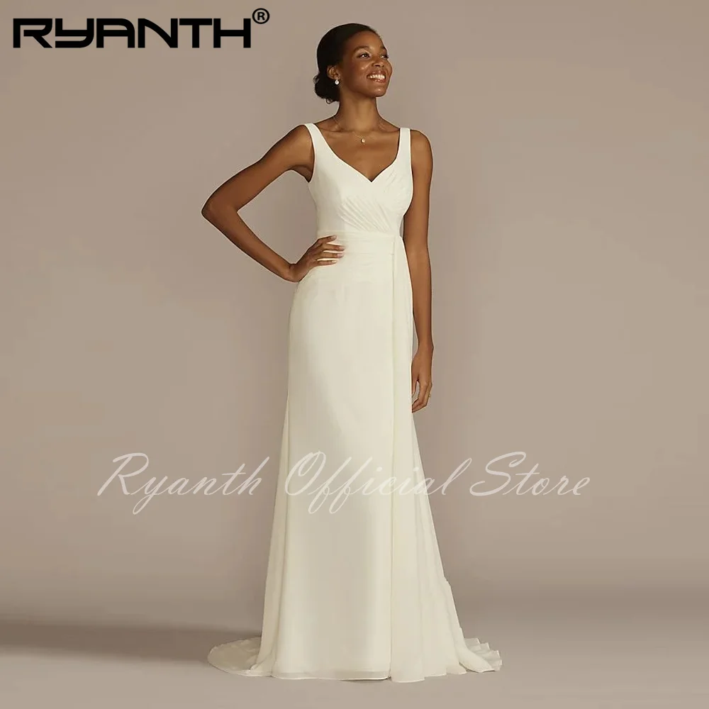 Ryanth New Simple Elegant Chiffon Wedding Dress Modest Minimalist A-Line Bride Gown Pleated V-Neck Sweep Train Vestidos De Novia