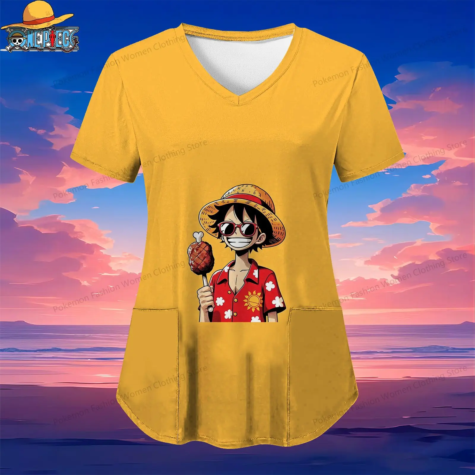 Women's V Neck Nurse Uniform T-Shirt One Piece Pocket S-2XL Top Woman Clothing Summer Short Sleeve Kawaii Luffy 2024 Anime Y2k