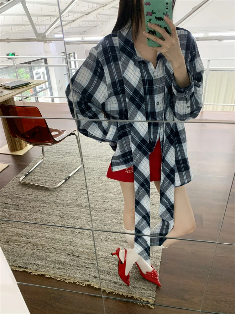 CHEERART Ribbon Plaid Oversized Shirt Women Long Sleeve Top Button Up Shirts Designer Fashion Top Autumn 2024 New Collection