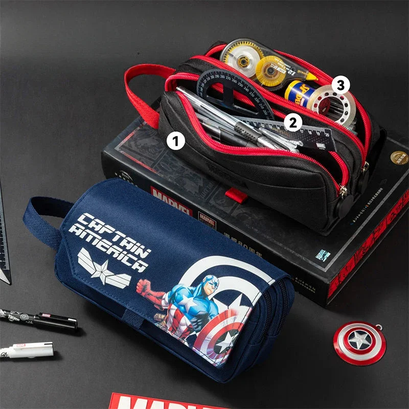 حقيبة أقلام ذات سعة كبيرة من Marvel Spider-Man Captain America، صندوق تخزين أدوات مكتبية للأطفال الخارقين، مقلمة للطلاب