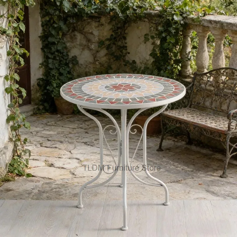 Outdoor Mosaic Side Table Round Handcrafted Tile Top Wrought Iron Frame Ornate Scroll Legs Table for Garden Balcony Poolside