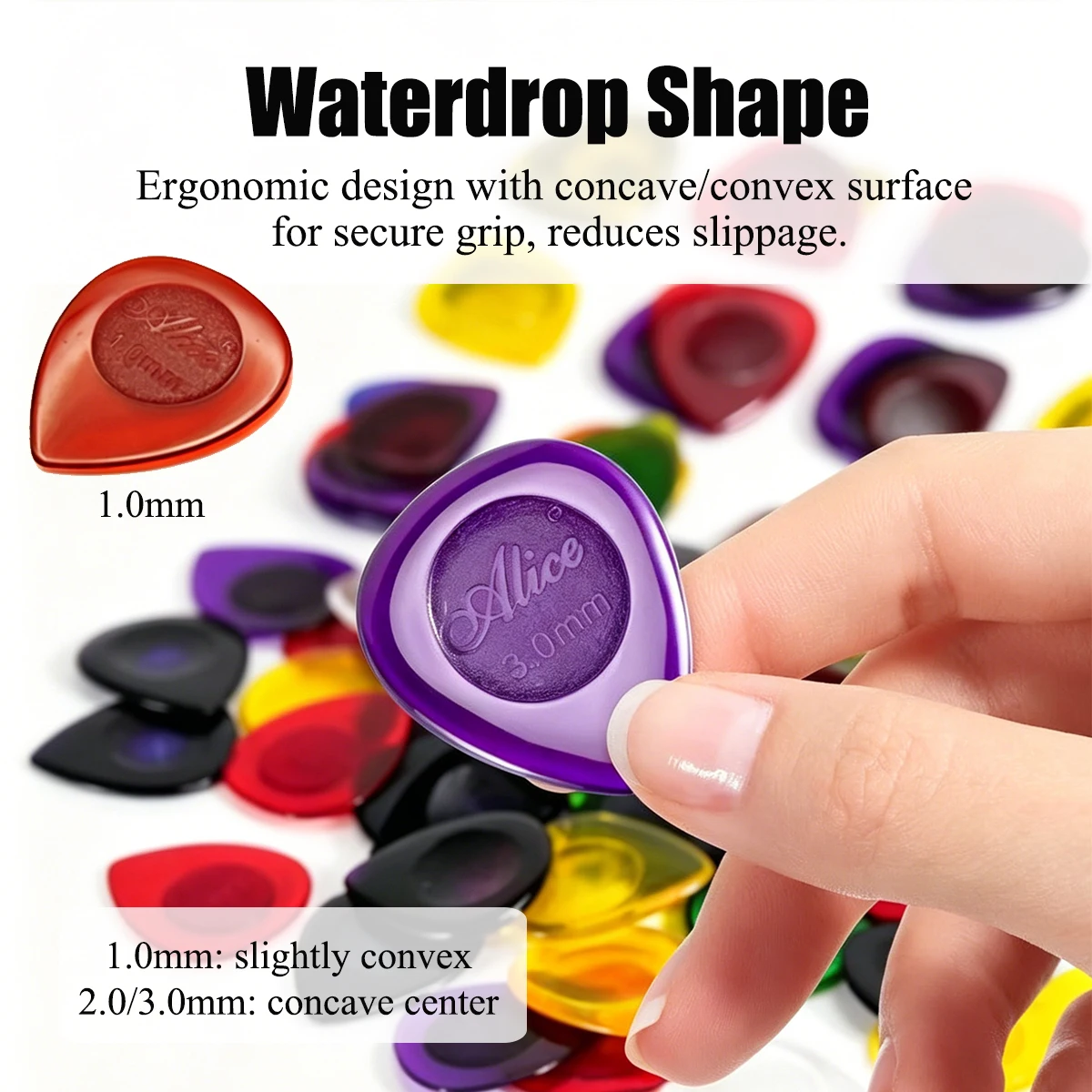 Alice 6Pcs Waterdrop Guitar Picks – Large or Small, Choose 1.0/2.0/3.0mm, PC Material, Non-Slip Matte Surface, Random Colors