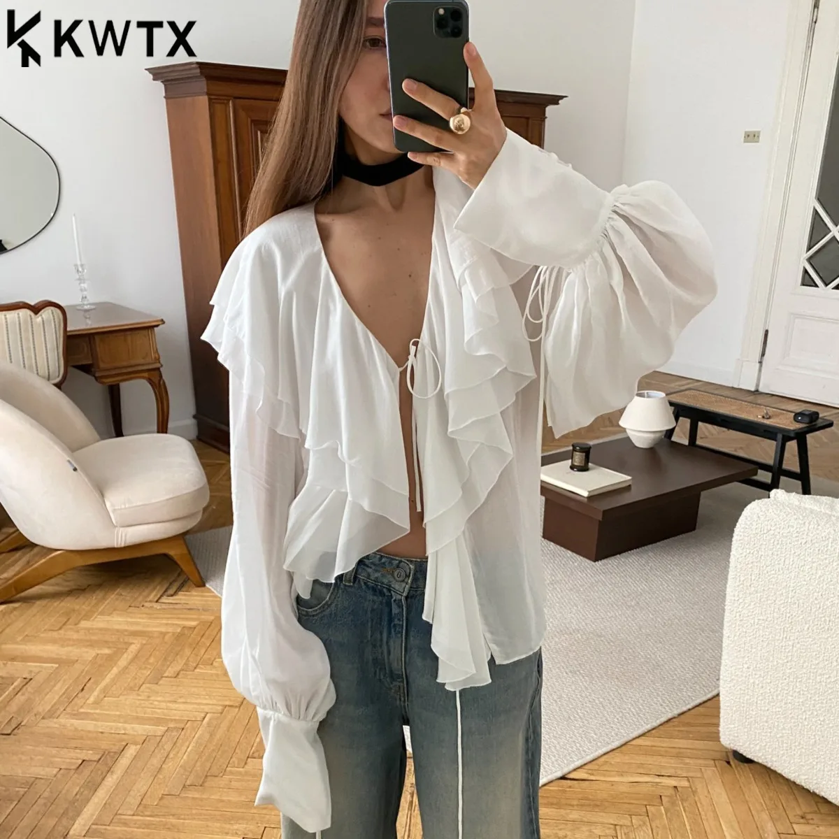 

2026 Trendy Women's White Sheer Ruffle Blouse, V-Neck Tie Front Puff Sleeve Top, Elegant Romantic Style Streetwear Date Outfit