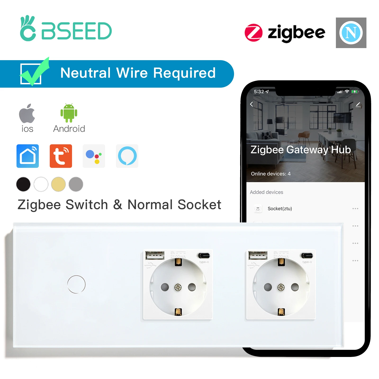 BSEED Zigbee Smart Touch Switches Plus Double EU Wall Socket With Type-C USB Ports 2.1A  Tuya Smart Life Alexa Wireless Control