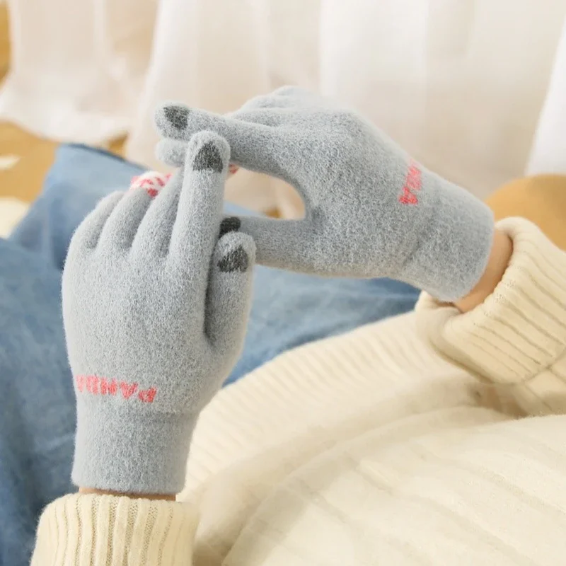 ถักถุงมือขี่จักรยานฤดูหนาวความร้อนผู้หญิงเด็กกลางแจ้งถุงมืออุ่นหน้าจอสัมผัสเล่นสกีตกปลาถุงมือรถจักรยานยนต์