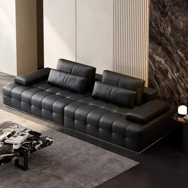 Modern Luxury 3seats Italian Minimalist Living Room Furniture Retro Lawrence Big Black Cow Leather Sofa L Shaped Lazy Minimalist