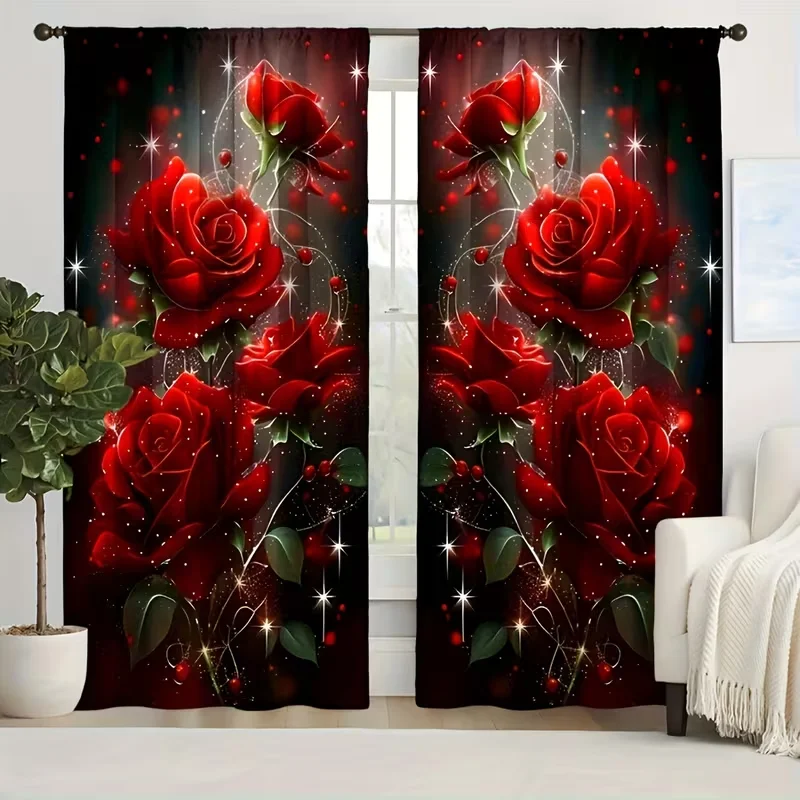 2-teiliges Set Frühling-Sommer Rosen-Blumen-Thema Dekor Sternenrosen-Vorhang Schlafzimmer Wohnzimmer Heimdekoration Gardinen mit Schlaufen