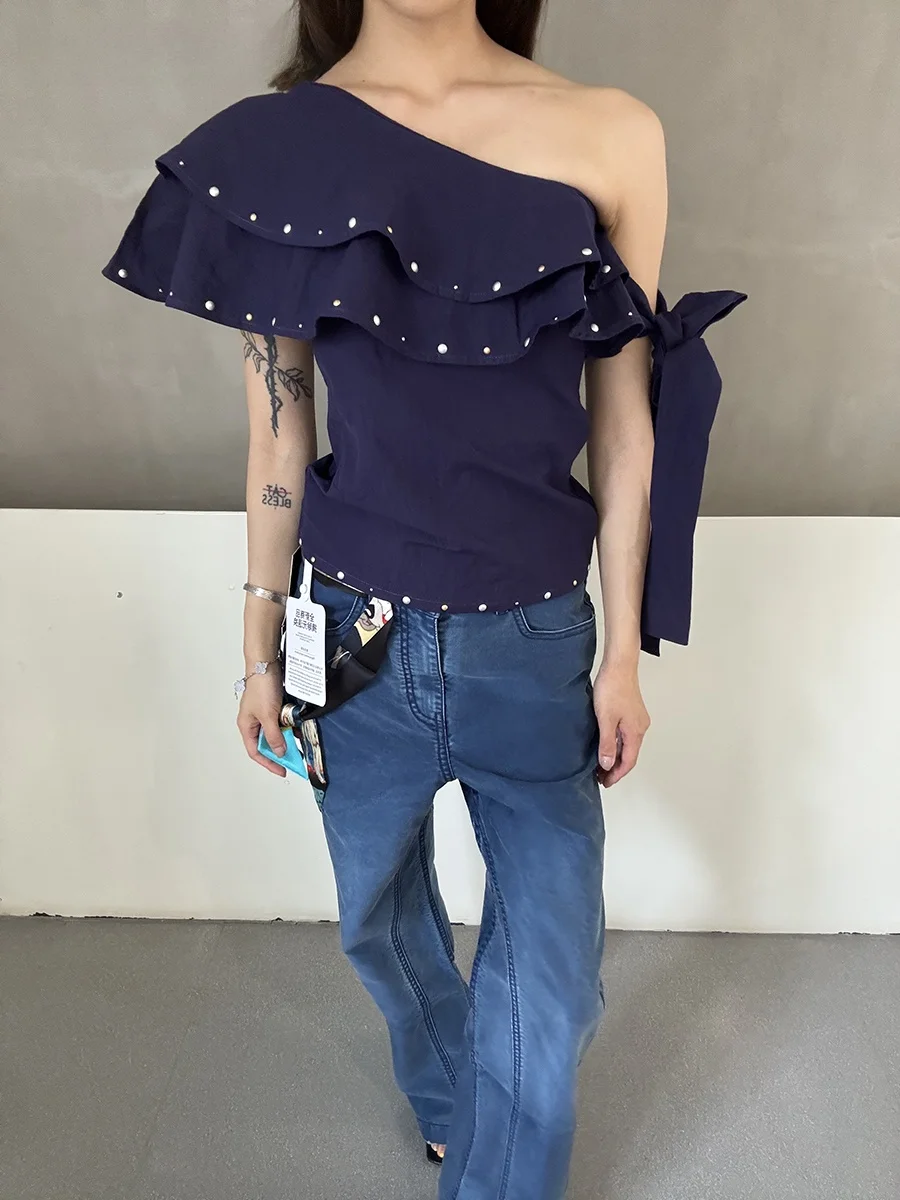 

Casual ort Sve Ruffle Hem Rivet Bule oulder T-irt BLUEDOT XLWORCLO Women's Summer Cotton Blend Top