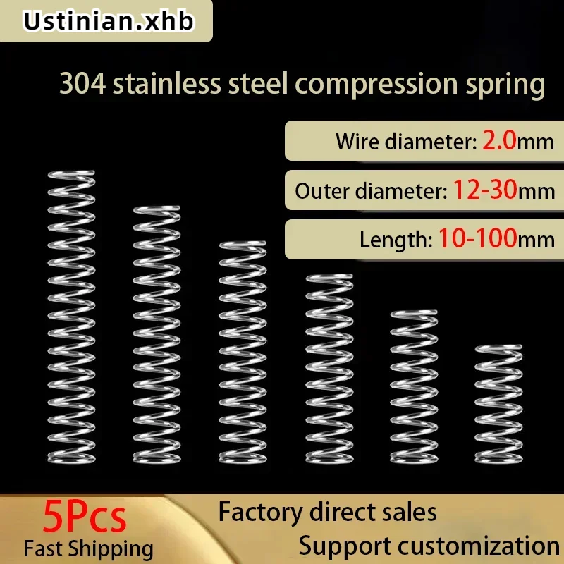 

304 Stainless Steel Spiral Return Compression Spring, Wire Diameter: 2.0mm, Outer Diameter: 12-30mm, Length: 10-100mm, 5Pcs