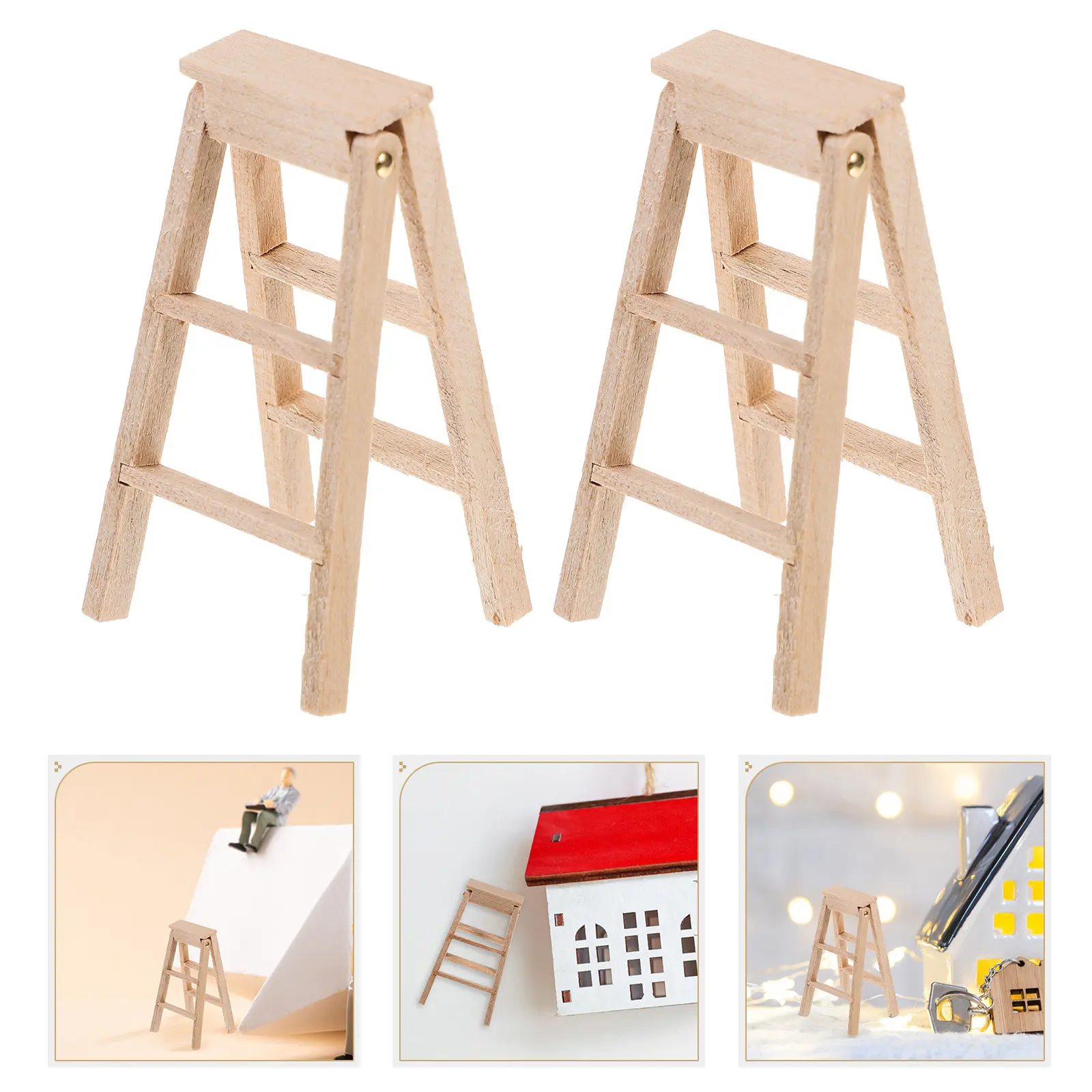 

2Pcs Wooden Miniature Ladder Design Folding Mini Step Ladder for Tiny House Indoor Outdoor Decorative Accessories