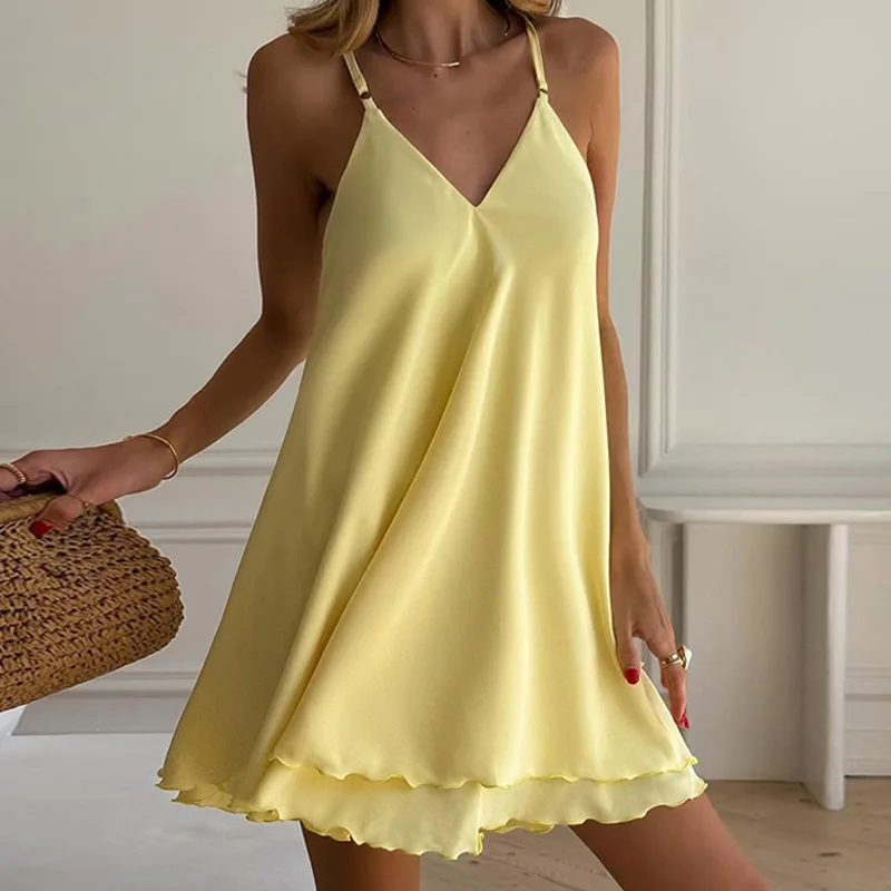 

2025 Summer New Casual Style V-neck Strap with Mushroom Edge Solid Color Pajama Dress