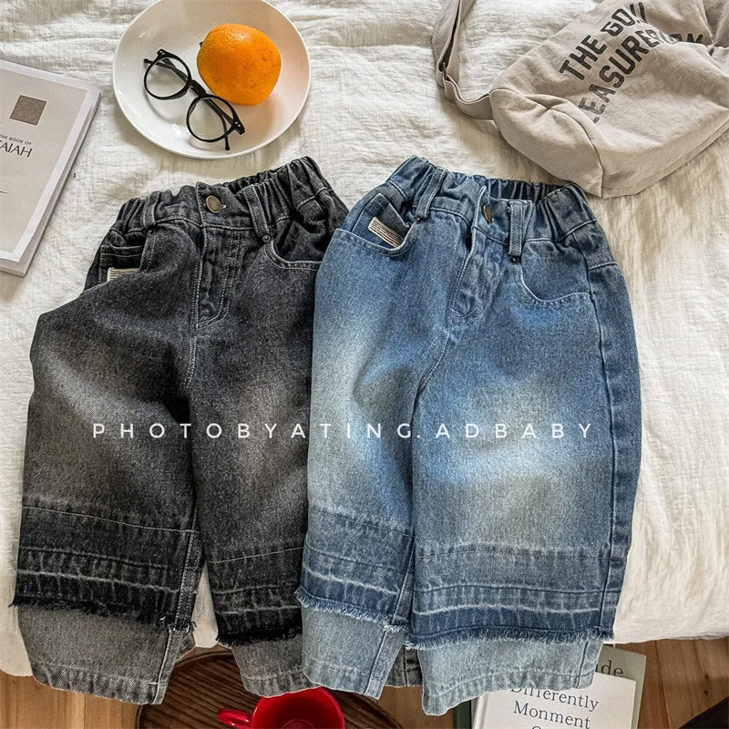 

2024 Autumn New Children Loose Denim Trousers Baby Girls Wide Leg Pants Toddler Boys Fashion Splicing Jeans Kids Casual Pants