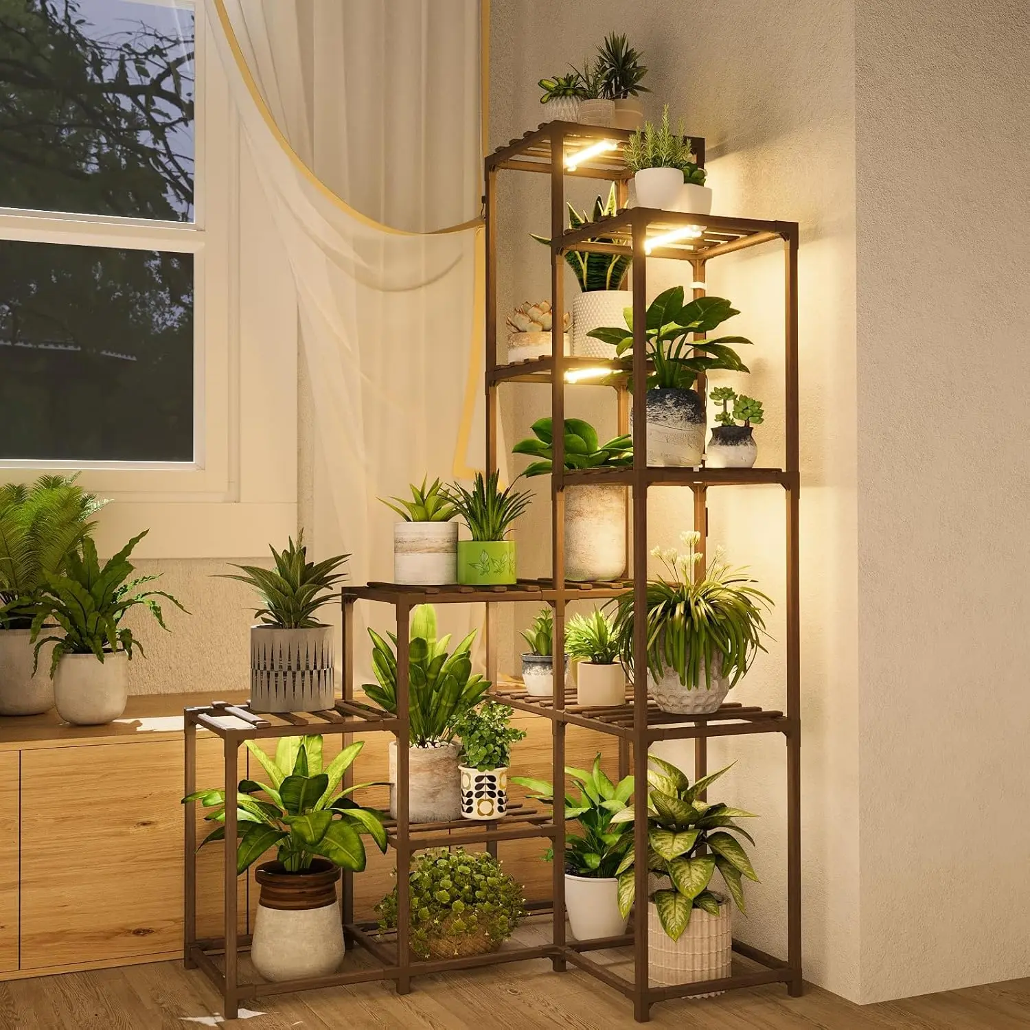 

Corner Plant Stand with Grow Lights - Tall Indoor Outdoor Shelf for Multiple Plants, Wood Table with 7 Pots