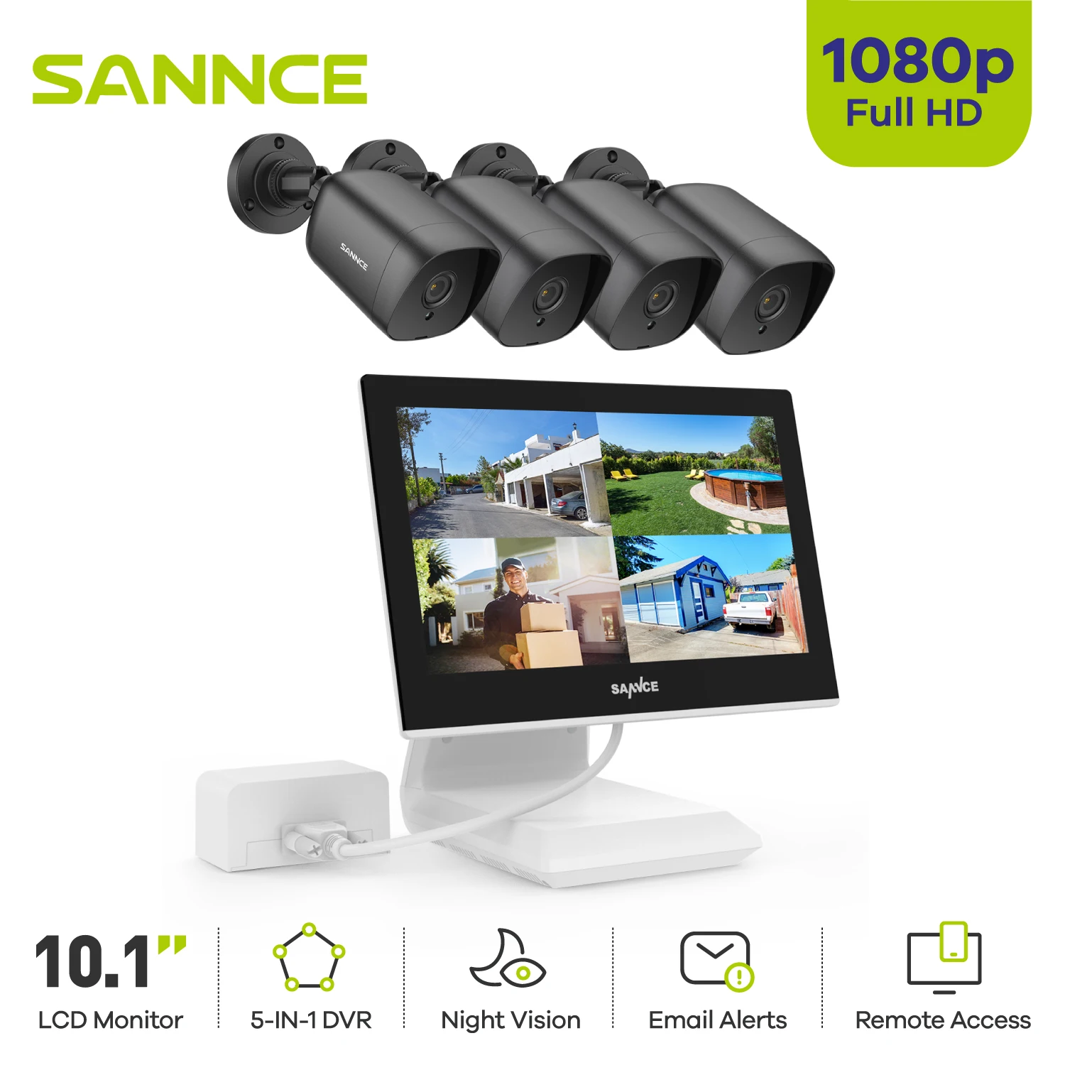 

SANNCE 5 in1 DVR Security Surveillance System 4CH 10.1" LCD Monitor 1080P Night Vision Waterproof Remote Monitor CCTV Kit