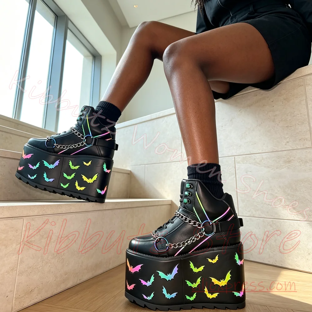 Street Fashion Goth - Women Platform Sneakers Bat Print Chain