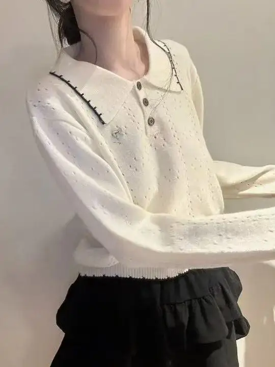 Francês sle longo sve camisola de malha feminina solto ajuste bordado nó oco para fora colarinho algodão macio outono topo