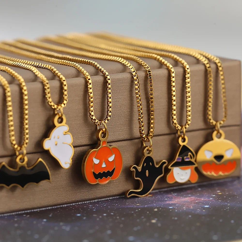 Gothic Pumpkin Ghost Bat Enamel Gold Color Necklace for WomenPendant Woman's Halloween Charm Stainless Steel Pendants Dijes