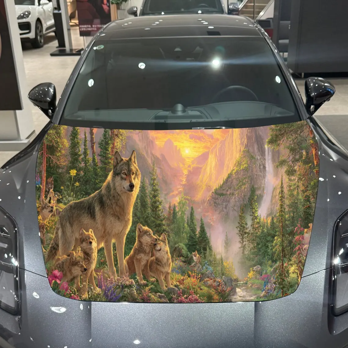 

Wolf Family Sunset Waterfall Visual Wonder Journey PVC Car Hood Wraps, Self-Adhesive Waterproof Car Bonnet Decal Sticker, Car De