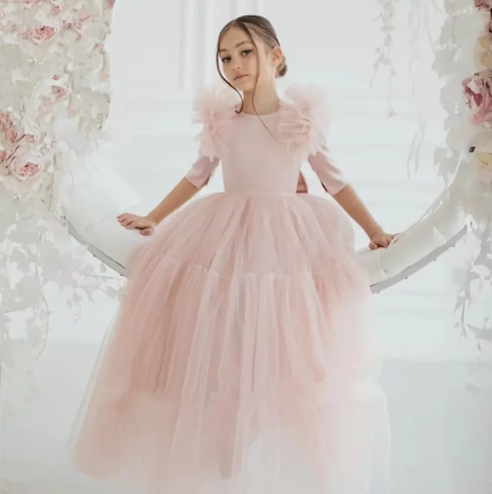 Vestidos rosas de flores para niña, tul con lazo, media manga para boda, fiesta de cumpleaños, banquete, vestidos de princesa