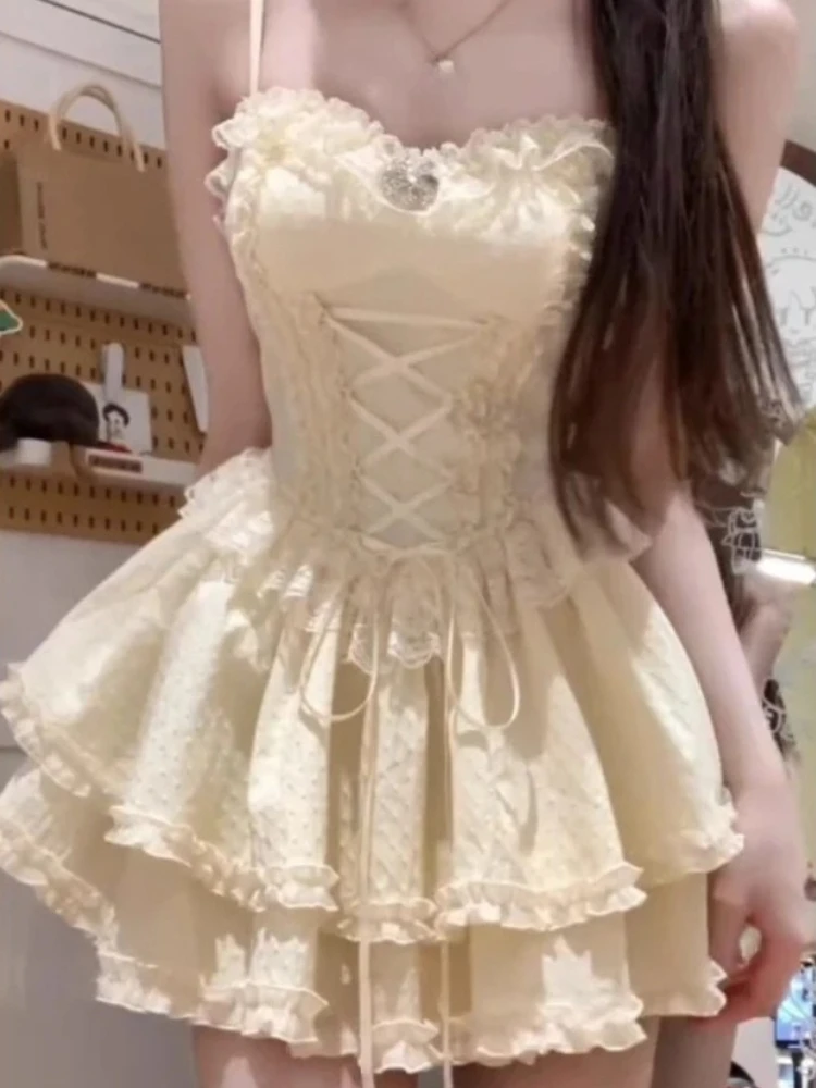 2000s French New Sweet 2 Piece Set Women Elegant Short Cardigan + Lace Strap Dress Suit Y2k Korea Fashion Desogn Party Outfits view 2