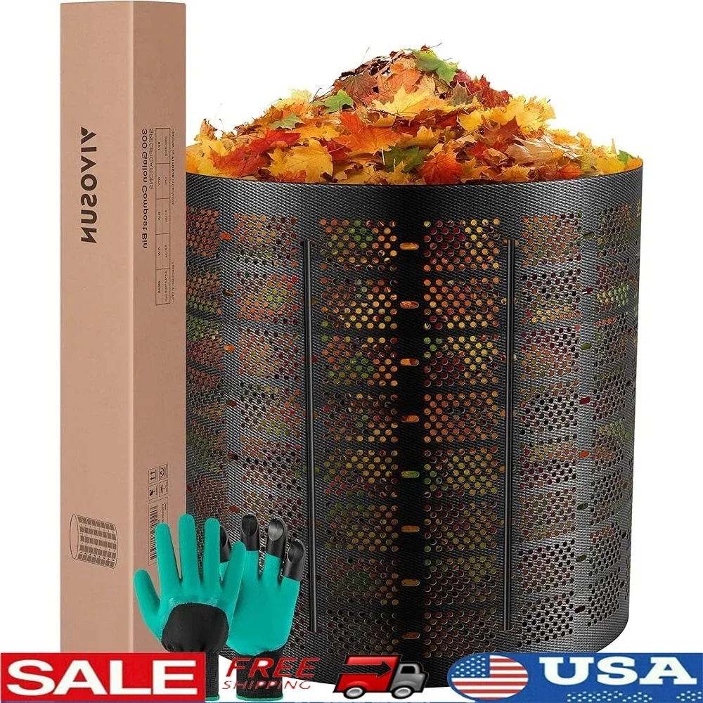 

300 Gallon Expandable Compost Bin Durable HDPE Easy Assembly Good Ventilation Efficient Composting Backyard Waste Bin Gloves