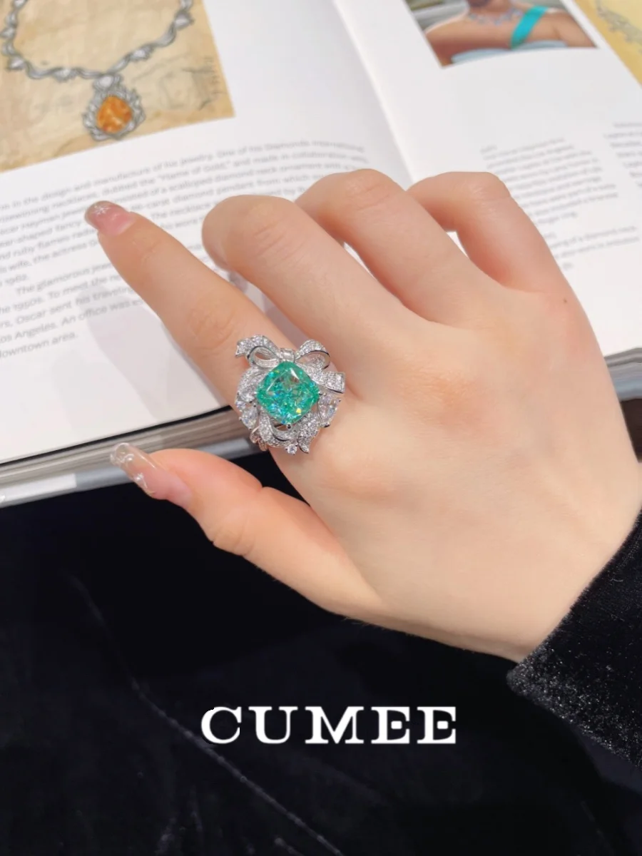 

Cumee Flower Design Women Rings Square Diamond Cutting, Fire Color Cultivation Paraiba Color Ring, Silver Gold-plated