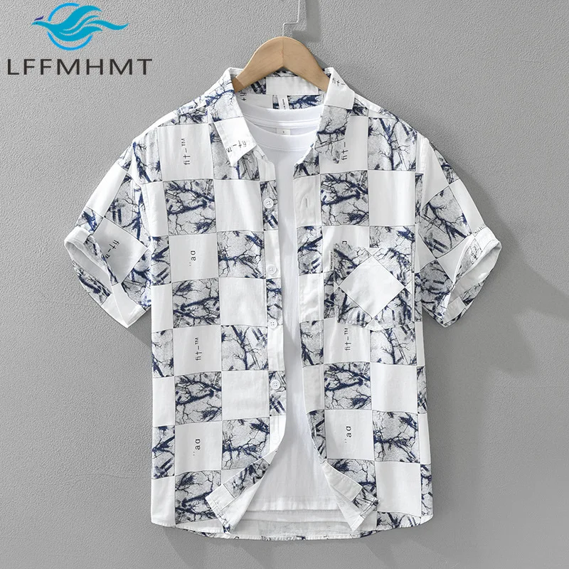 

8160 100% Cotton Good Quality Chic Printing Plaided Shirt for Men Summer Fashion Short Sleeve Loose Casual Sun-protection Blouse