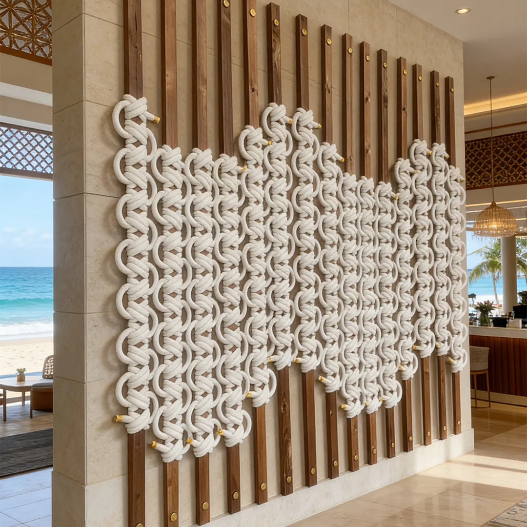 Coastal Luxury Interior Woven Dividing Feature Rope Knot Macrame Wall Partition For Tropical Resort Lobbies