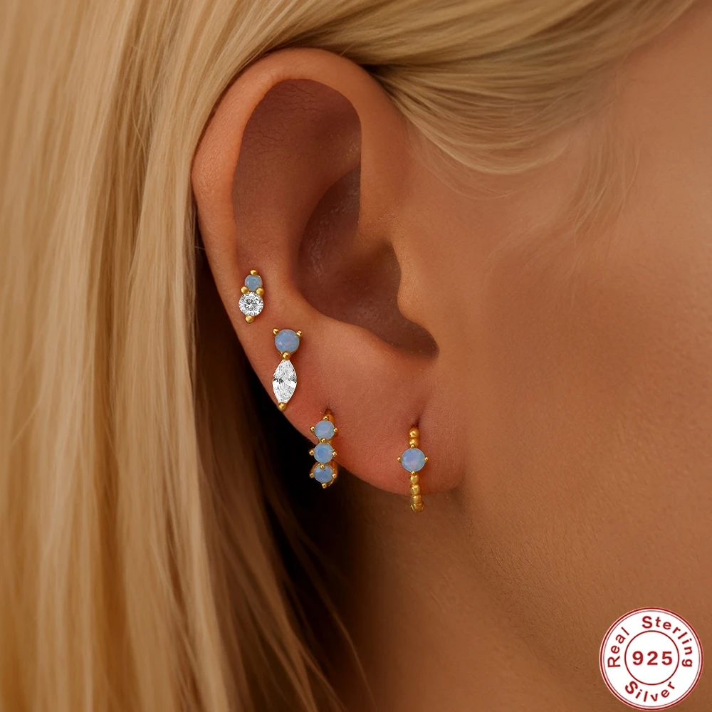 AIDE 925 Sterling Silver Exquisite Earring Set Round Cute Opal Round Ear Buckles For Women Piercing Studs Plata Silver Jewel Set