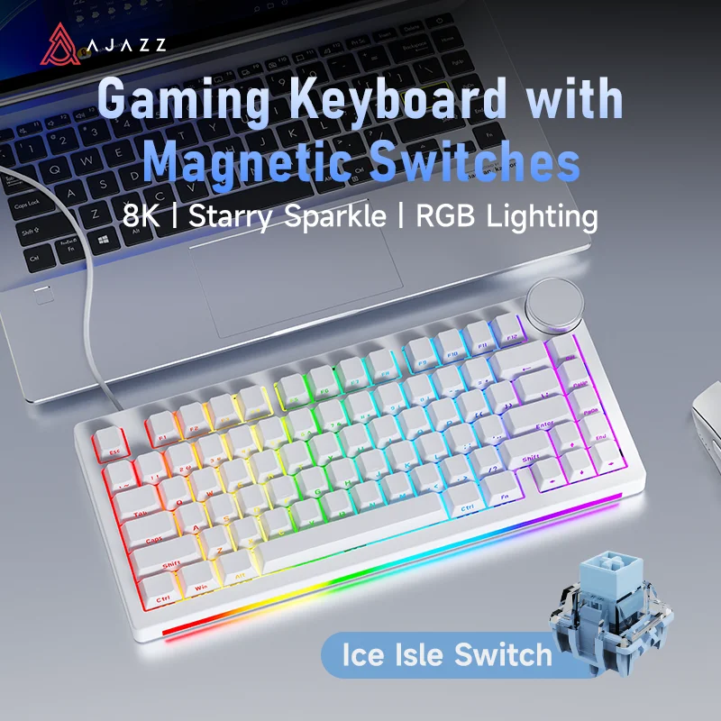 Ajazz AK820 V2 HE Bedraad 75% Hall Effect Gaming Keyboard, Snelle Trigger, 8000Hz Polling Rate, Hoge Precisie, Multi-mode Ondersteuning, Dubbele RGB Lichtstrips, Metalen Volume Knop, USB-C Poort,