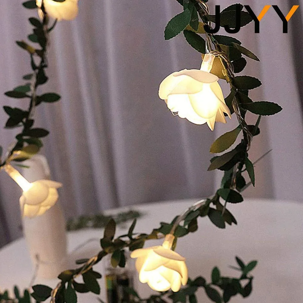 JJYY 1.5M/3M/6M Rattan Around Rose Decoration Lights String Green Leaf Rose Lights Christmas Garden Decoration Lights