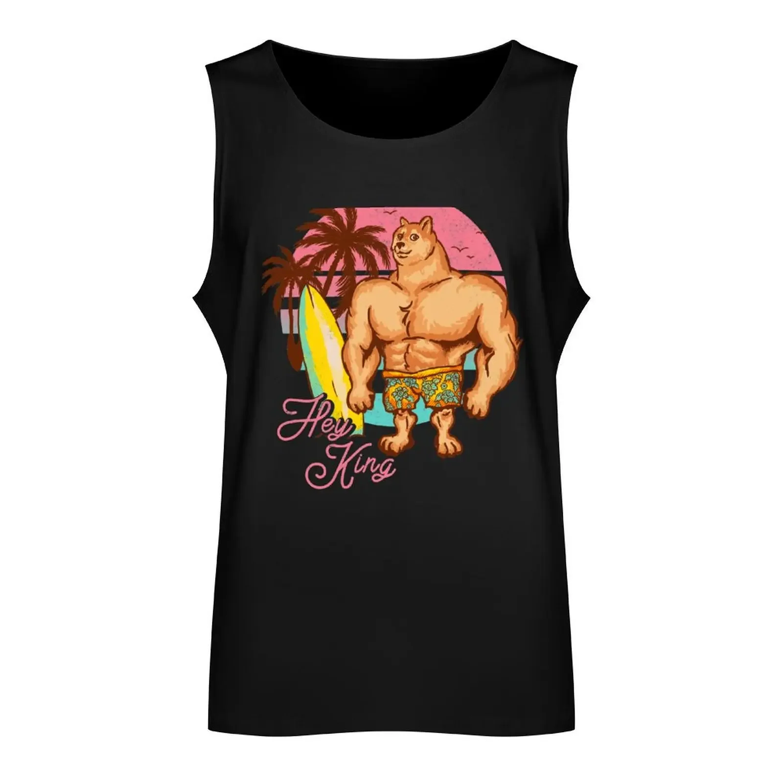 Swole Doge Chilling on the Beach Pink Hey King Big Muscle Buff Dog Meme Chad Shiba Inu Doggo Dank Memes Bonk Dorime Muc Tank Top