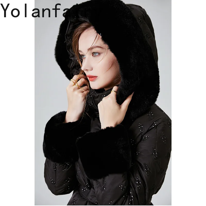 Yolanfairy longo puffer jaqueta para mulher inverno elegante rendas com capuz pão pato branco para baixo casacos mulher gola de pele de coelho parka