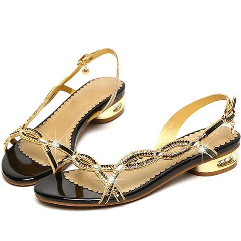 MVVJKEHot Temperament Elegant Rhinestone Sandals Summer Low Heel Shoe 2021New Open Shoes Rhinestone Fashion Sandals Women Sandal