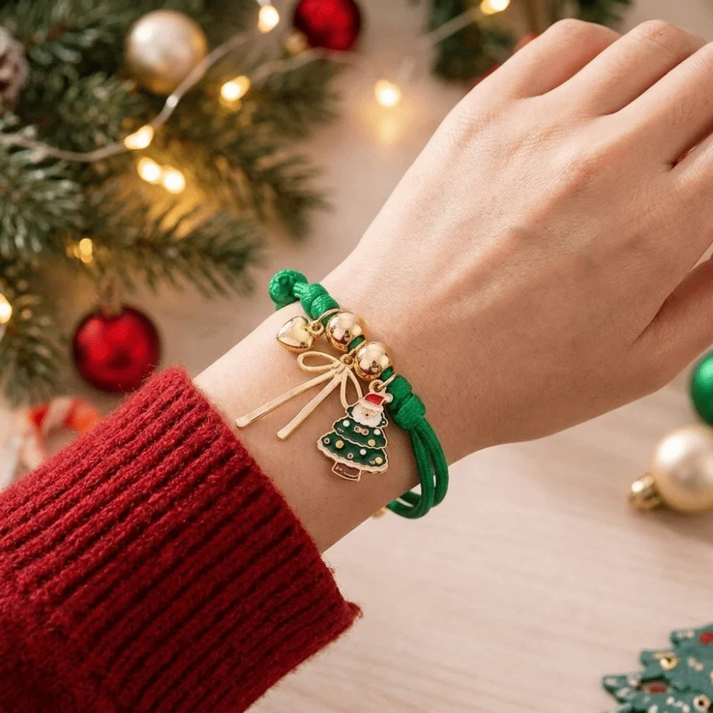 Adjustable Christmas Braided Hand Chain Santa Claus Christmas Tree Woven Rope Exquisite Stackable Pendant Bracelet Christmas