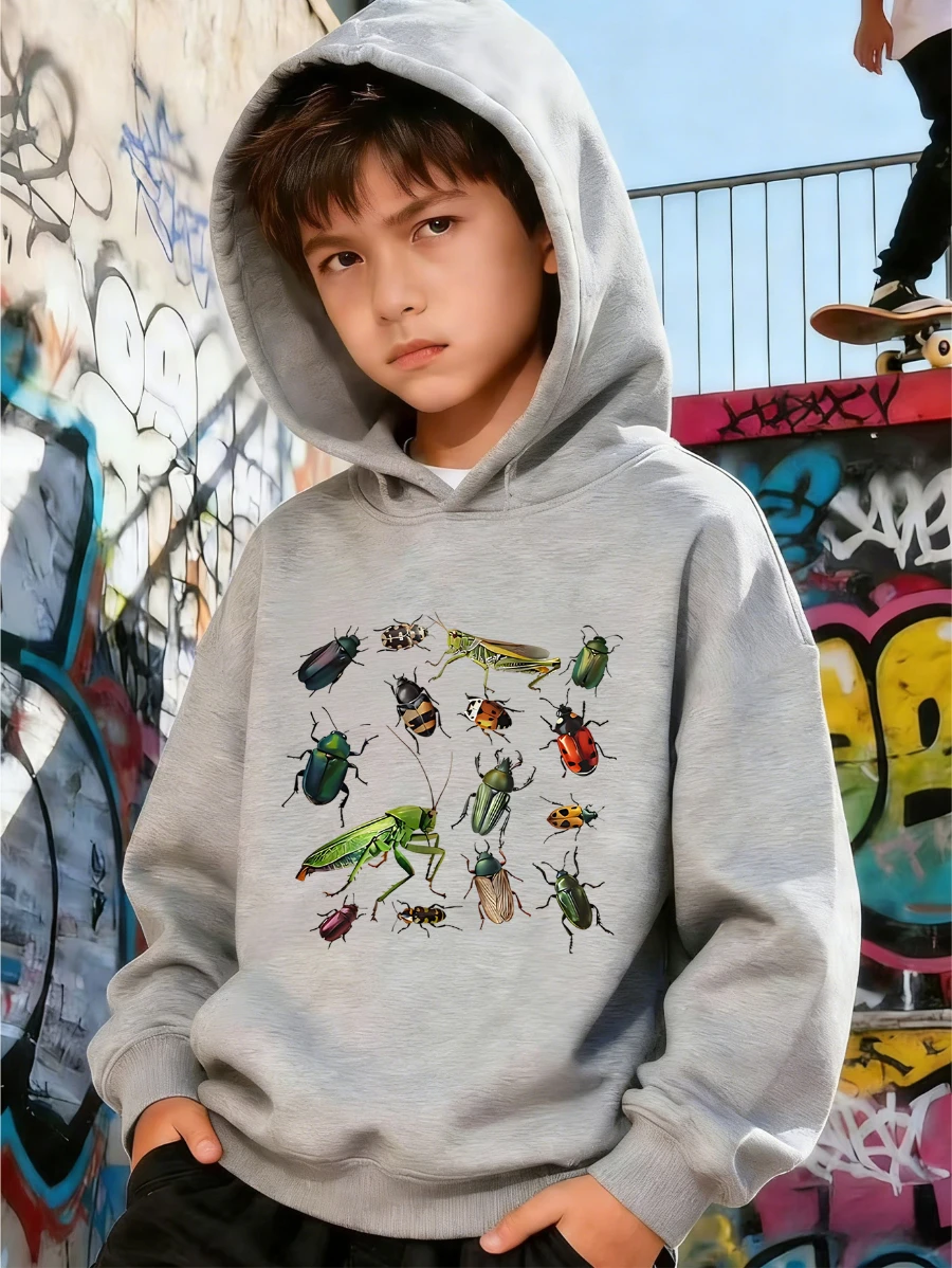 Kids Insects Bugs Beetles Graphic Printed Red Hoodie Boys Girls Nature Sweatshirt Loose Autumn Winter Active Top