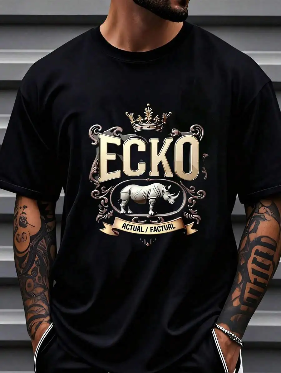 Men's Print T-Shirt - Ecko Crown Rhino Actual Picture Emblem Casual Round Neck Short Sleeve Tee For Urban Streetwear, All-Season