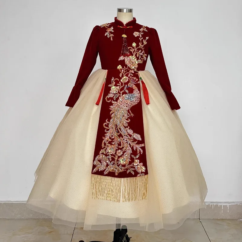 

Red Girl's Dress High-end Light Luxury Niche Host Children's Birthday Princess Dress Piano Performance Long Sleeve Autumn Winter