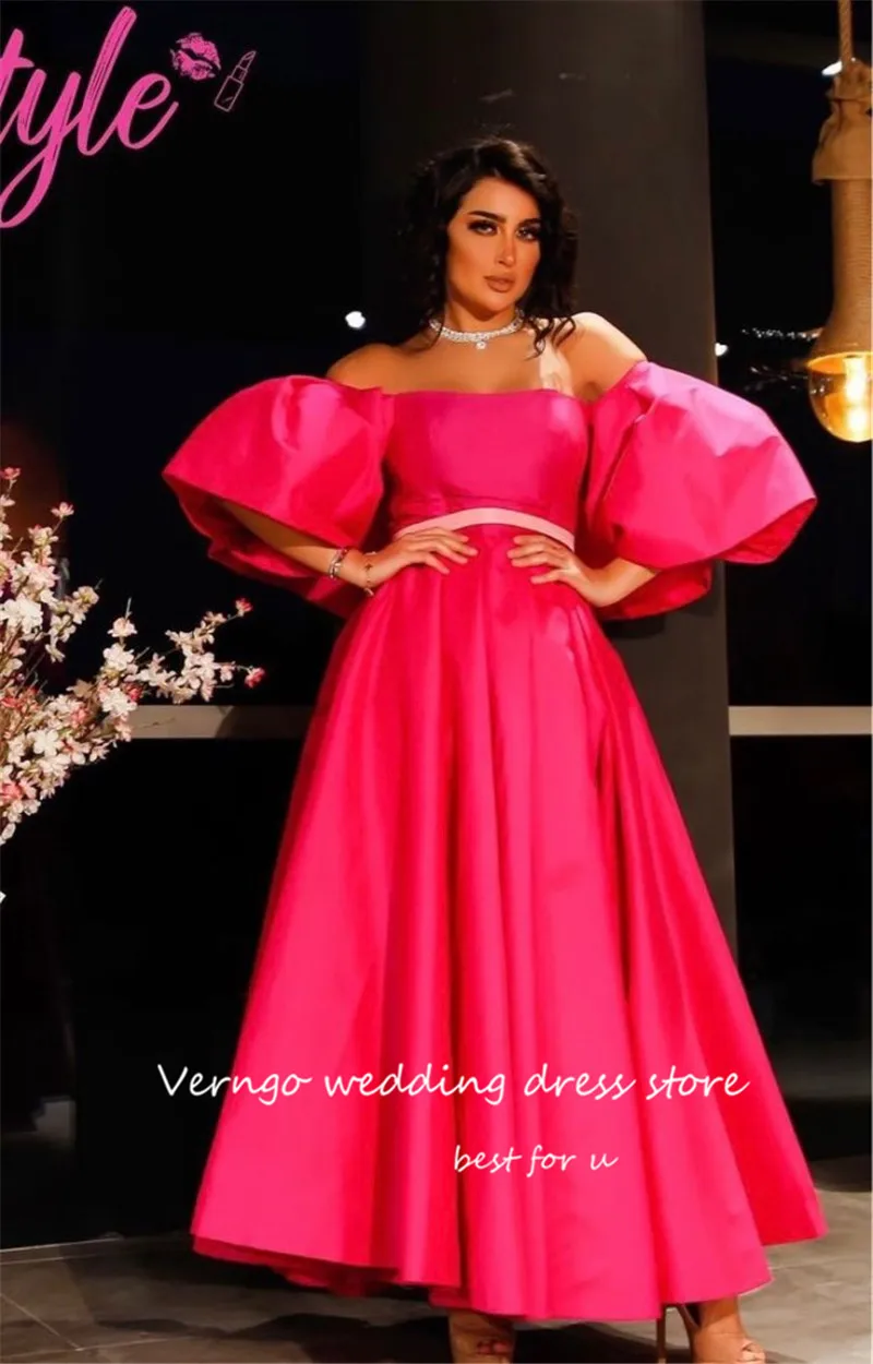 

Verngo Dubai Arabic Women Fuschia Formal Evening Dresses Puff Short Sleeves Satin Split Plus Size Arabic Party Prom Gowns