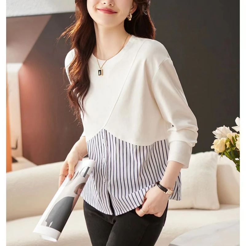 Spring Autumn Fashion Striped T-Shirts O Neck Long Sleeve Women\'s Clothing Patchwork Pullovers Loose Casual Korean Temperame Tee