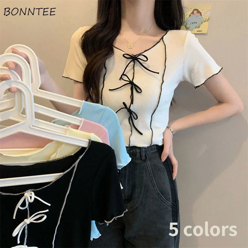 Short Sleeve T-shirts Women Bright Line Crop Tops Ulzzang Kawaii футболка Design Sweet Sexy Harajuku Y2k Youth Preppy Gentle Ins