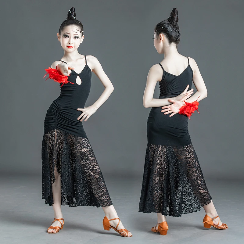 

Ballroom Dance Dresses Girls Black Sling Lace Waltz Dress Flamenco Spanish Dancing Clothes Children Modern Practice Wear DN6168